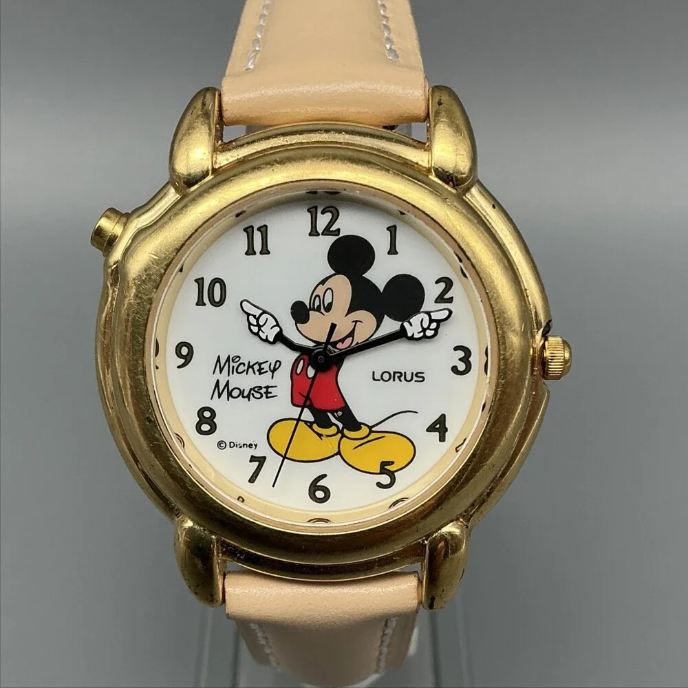 Lorus Women Watch 36mm White Mickey Mouse Talking Gold Tone Leather New Battery
